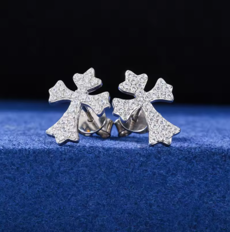 Moissanite Cross Stud Earrings 925 Silver Gold Colour
