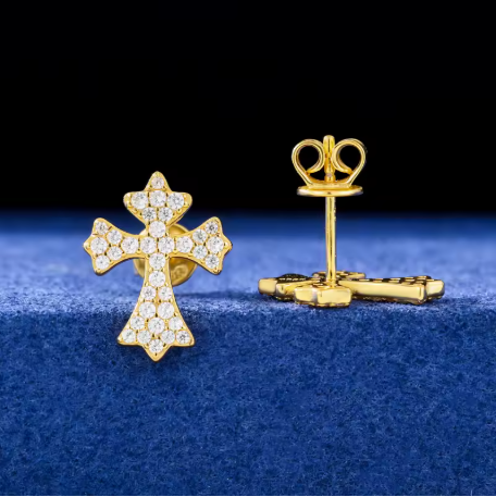 Moissanite Cross Stud Earrings 925 Silver Gold Colour