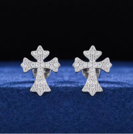 Moissanite Cross Stud Earrings 925 Silver Gold Colour