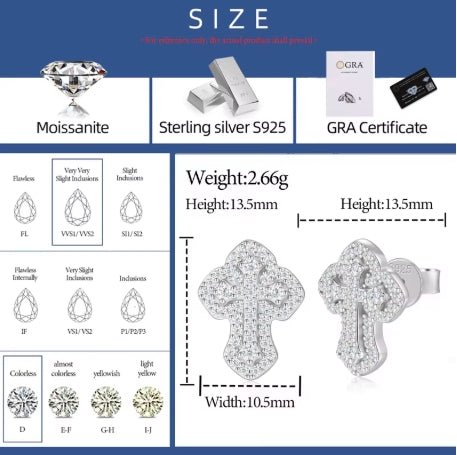 Moissanite Cross Stud Earrings 925 Silver Gold Colour - Silver ICEDABBA® Official Website | Moissanite Jewelry